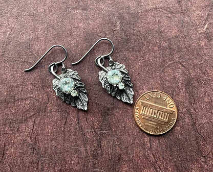 recycled vintage crystals leaf earrings silver-tone