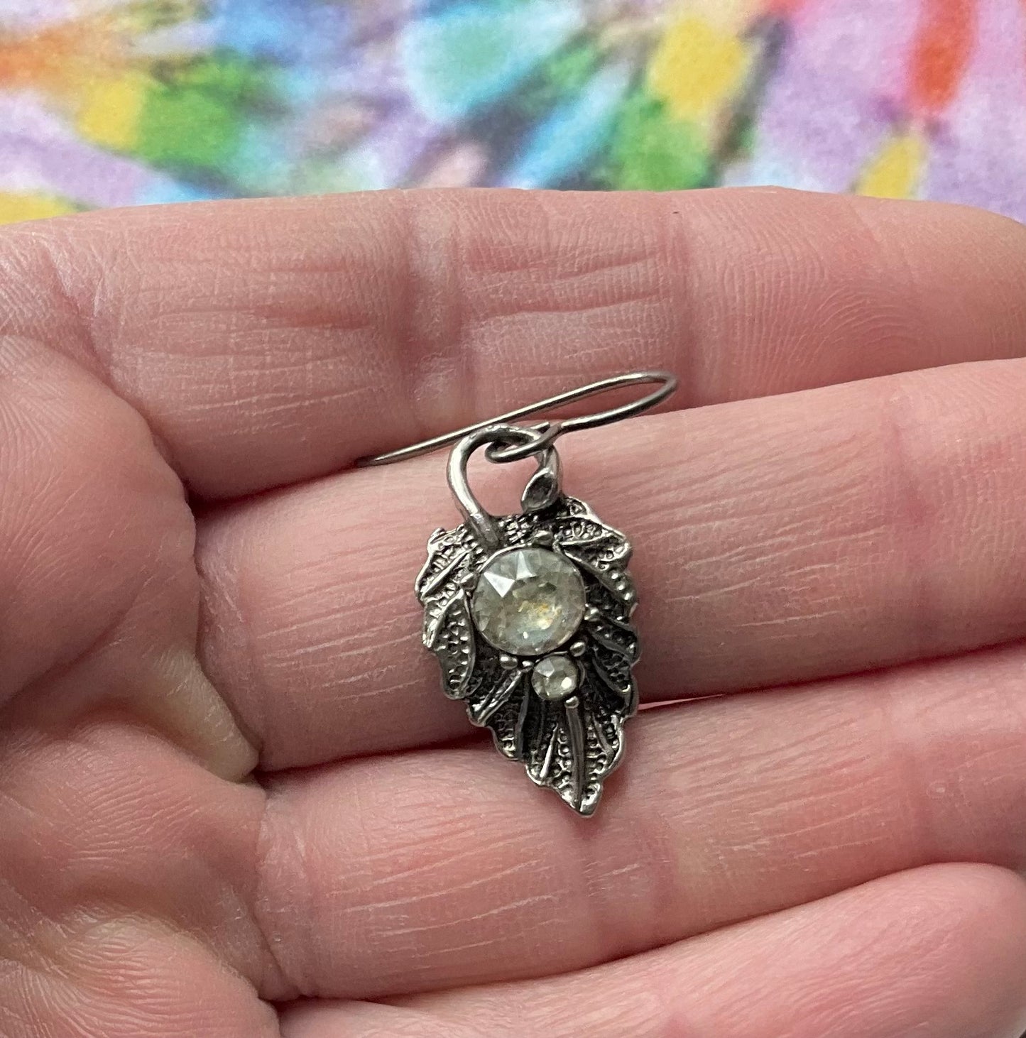 recycled vintage crystals leaf earrings silver-tone