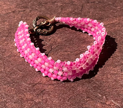 handwoven pretty in pink and copper glass beaded herringbone bracelet