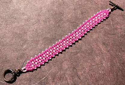 handwoven pretty in pink and copper glass beaded herringbone bracelet