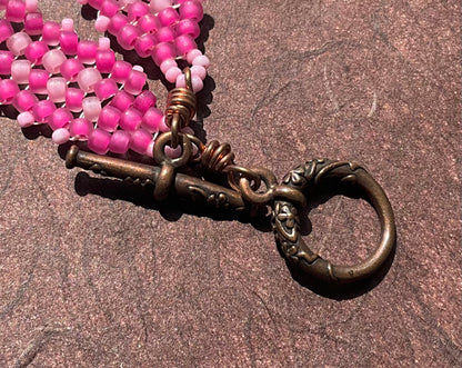 handwoven pretty in pink and copper glass beaded herringbone bracelet