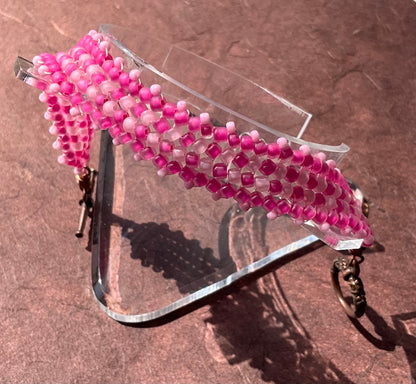 handwoven pretty in pink and copper glass beaded herringbone bracelet